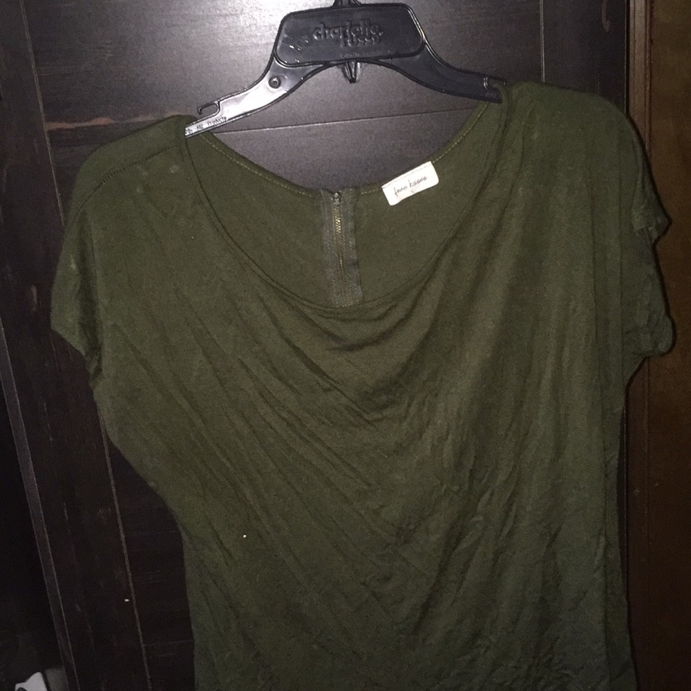 Olive green short sleeve shirt with gold zipper